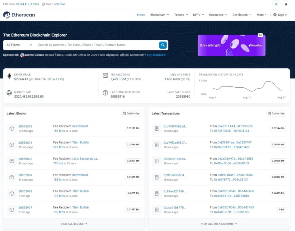 온체인 데이터 무료로 볼 수 있는 Etherscan 웹사이트 메인화면